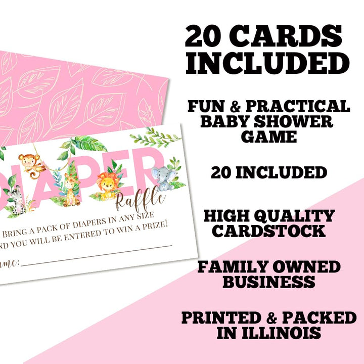 Watercolor Jungle Animals Diaper Raffle Tickets for Girl Baby Showers, 20 2 X 3” Double Sided Insert Cards for Games by AmandaCreation, Bring a Pack of Diapers to Win Favors & Prizes!