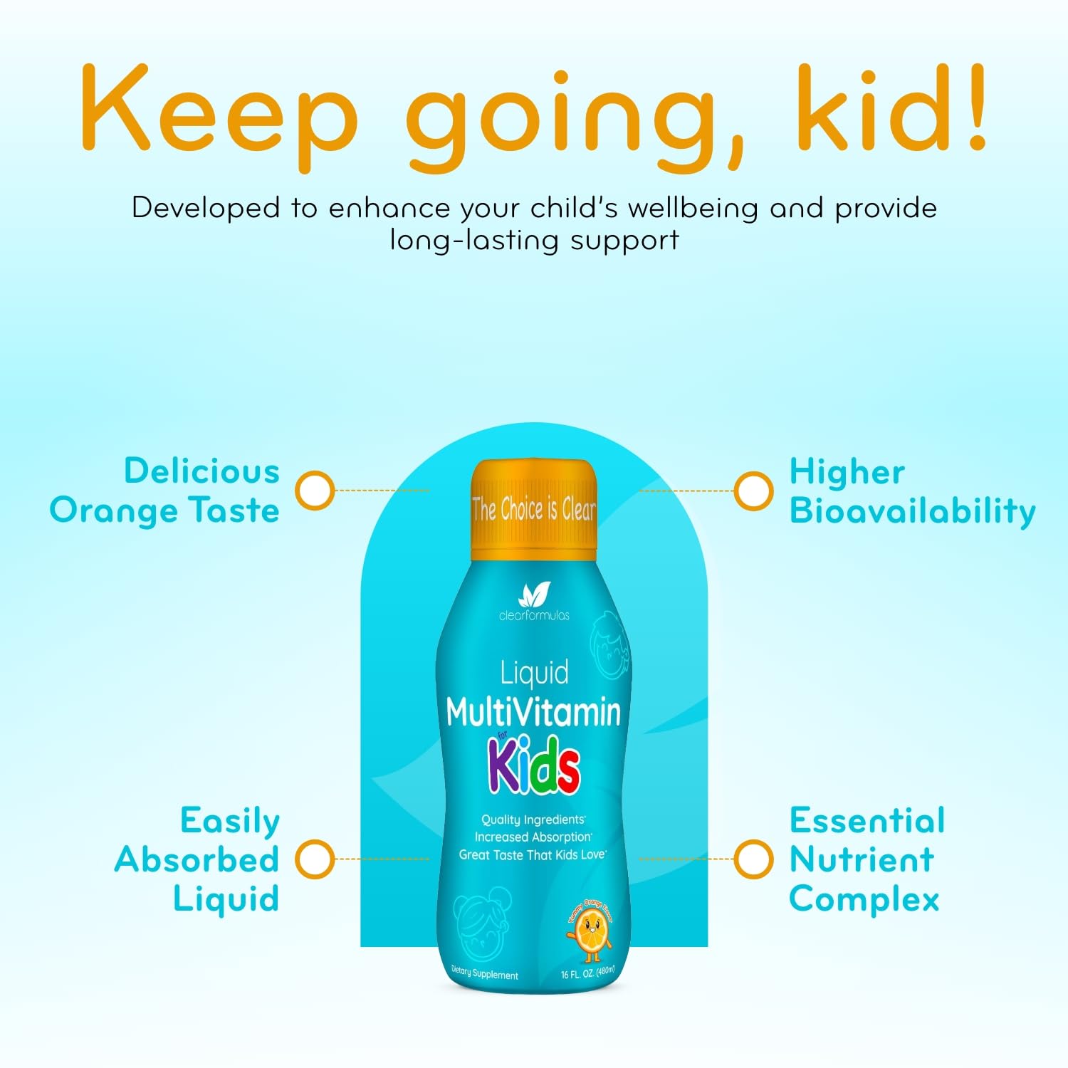 Sugar Free Liquid Multivitamin for Kids - High Absorption Kids Liquid Multivitamin with Vitamins A C D E & B Complex Plus Quercetin Immune Support Complex - 3rd Party Tested - Orange Flavor (1 Month)