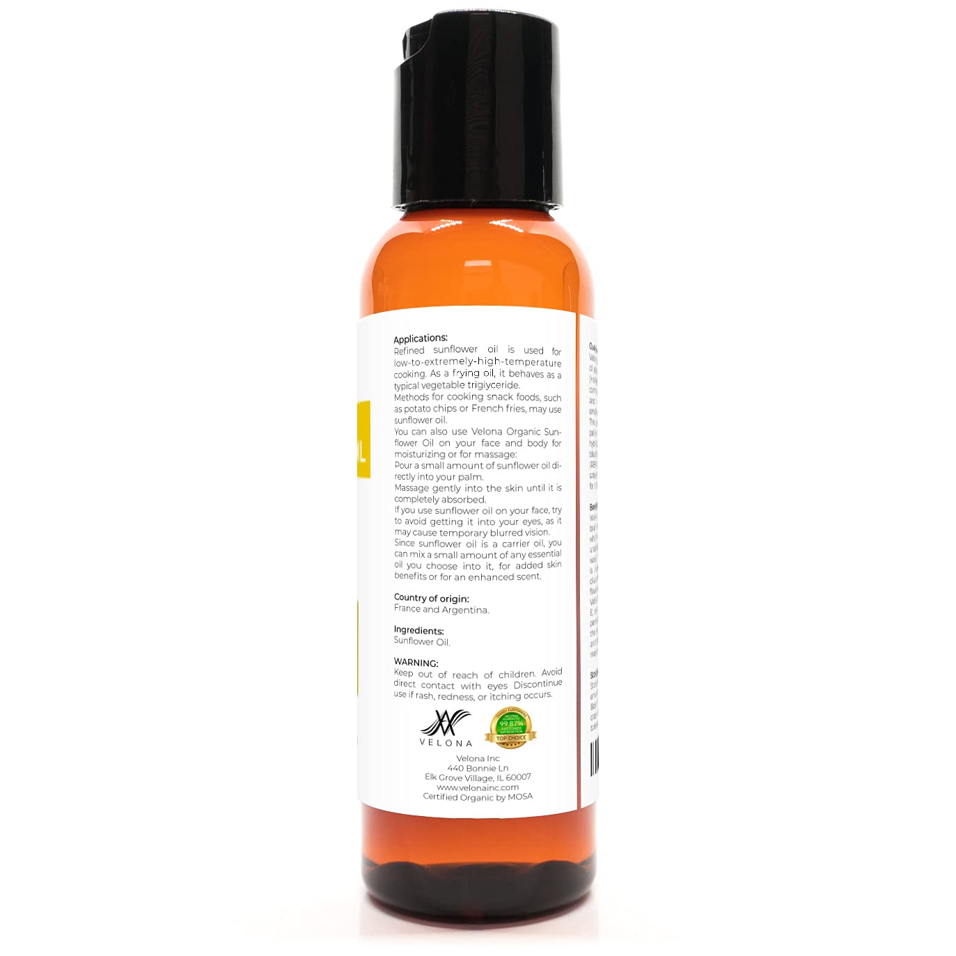velona USDA Certified Organic Sunflower Oil - 2 fl oz | 100% Pure and Natural Carrier Oil | High Oleic, Refined, Expeller Pressed | Cooking, Skin, Hair, Body & Face Moisturizing