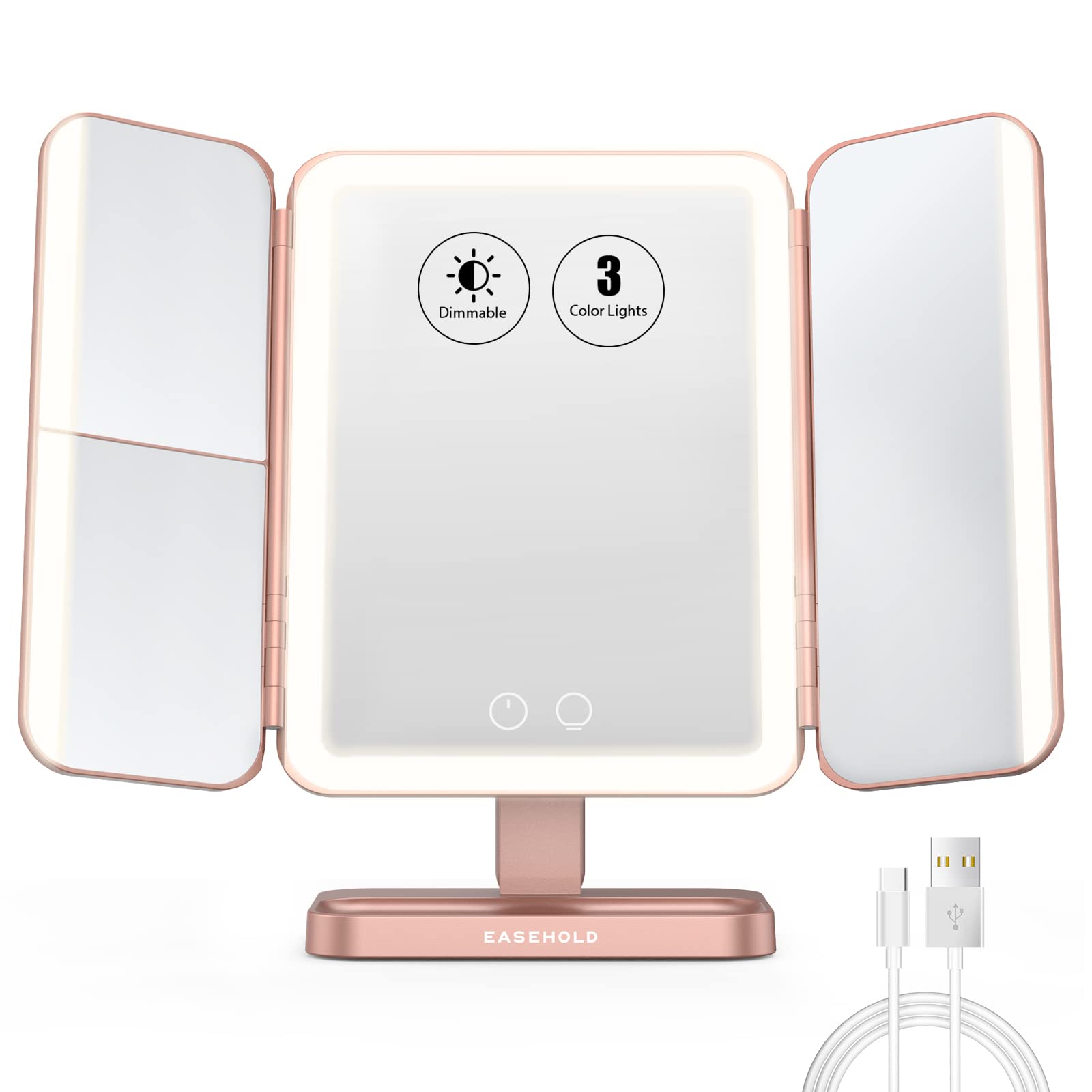 EASEHOLD Rechargable Makeup Mirror Vanity Mirror with Lights, 5000Mah & USB Cable, 112 LEDs Lighted Trifold Mirror with 1X 2X 3X 10X Magnification, Smart Touch, Portable Cosmetic Beauty Mirror