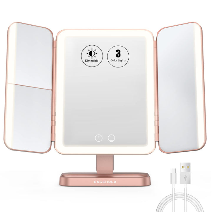 EASEHOLD Rechargable Makeup Mirror Vanity Mirror with Lights, 5000Mah & USB Cable, 112 LEDs Lighted Trifold Mirror with 1X 2X 3X 10X Magnification, Smart Touch, Portable Cosmetic Beauty Mirror