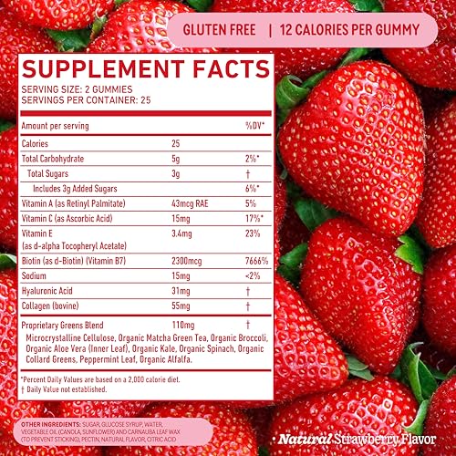 8Greens Supergreens Beauty Gummies with Collagen & Biotin | Super Greens Powder Superfood Gummy for Healthy Skin, Hair, Nails, Glow, and Firmness, Superfood Booster, Strawberry Flavored, 50 Count