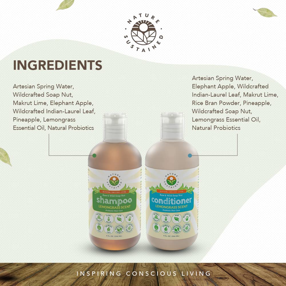 Nature Sustained Pure, Sensitive Skin Shampoo & Conditioner Raw Probiotic Plant Formula (pH Balanced) for Sensitive Skin & Dry Hair - (9 Oz. Bottles) (Lemongrass, 2-pack)