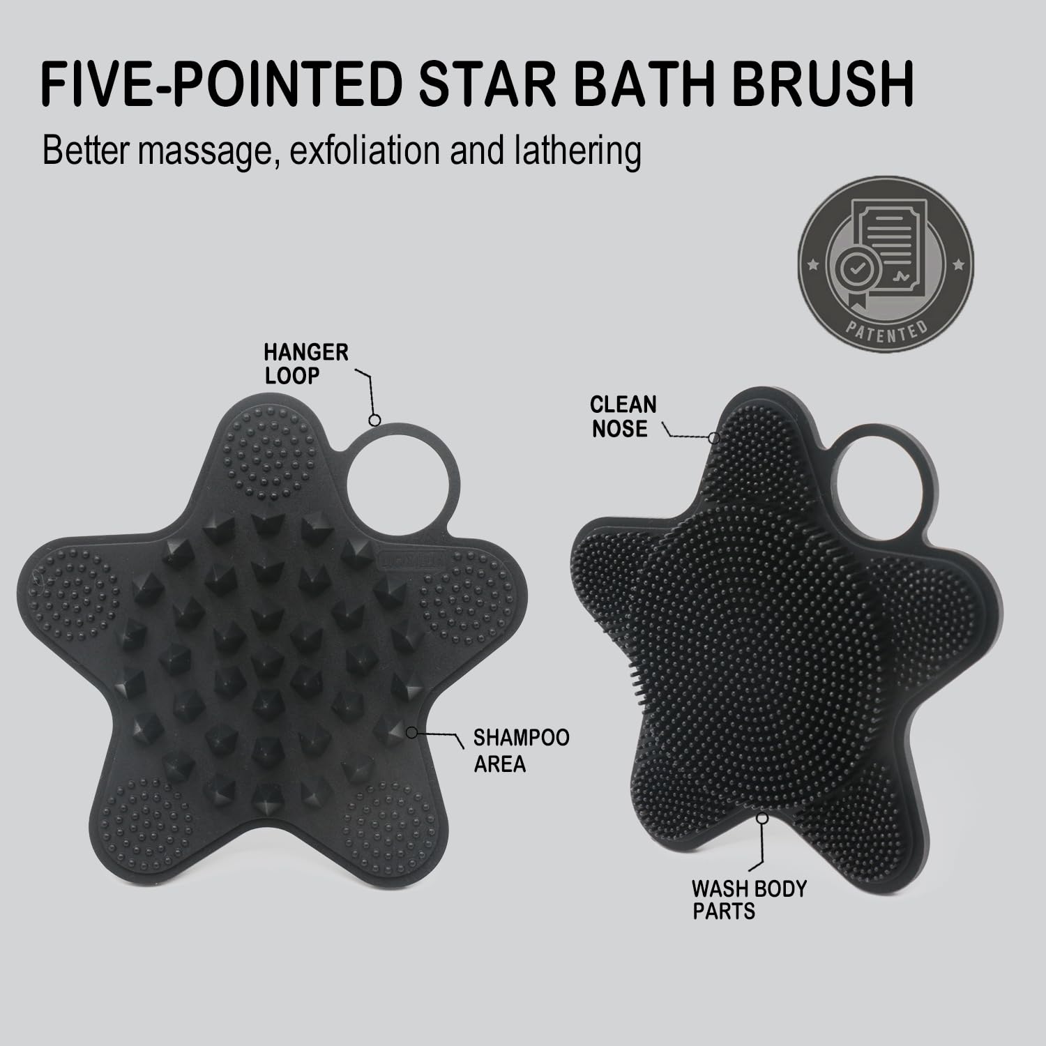 LUCKSTELLA Dual-Sided Silicone Body Scrubber, Soft Loofah Shower Brush for Sensitive Skin, Eco Friendly Shower Scrubber for Body, Silver and Zinc-Infused Silicone Body Brush for Showering (Black)