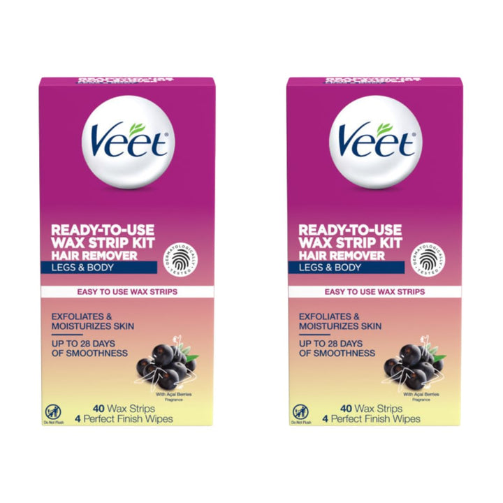 VEET Ready To Use Wax Strips Legs & Body 40 ea (Pack of 2)