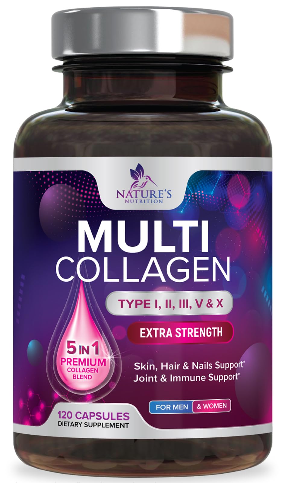 Collagen Peptides for Women & Men - Type I, II, III, V, X Multi Collagen Pills, Hydrolyzed Collagen Peptides Supplements, Nature's Hair, Skin, Nail, and Joint Support Supplement, Non-GMO, 120 Capsules