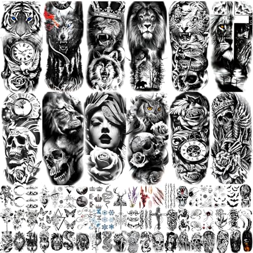 JEEFONNA 82 Sheets Temporary Tattoo for Men Women Adults, Include 12 Sheets Black 3D Half Sleeve Temporary Tattoos, Halloween Tattoos Scary Lion Wolf Tiger Skull Skeleton Tattoos Stickers