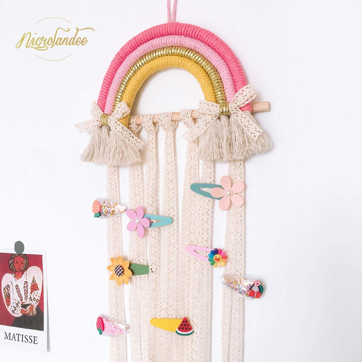 NICROLANDEE Rainbow Tassels Hair Bows Holder Hanging - Baby Hair Accessories Storage Bow Organizer Wall Hanger Decor for Baby Girls Wall Hanging Decor for Girls Room Ornament (Pink Yellow)
