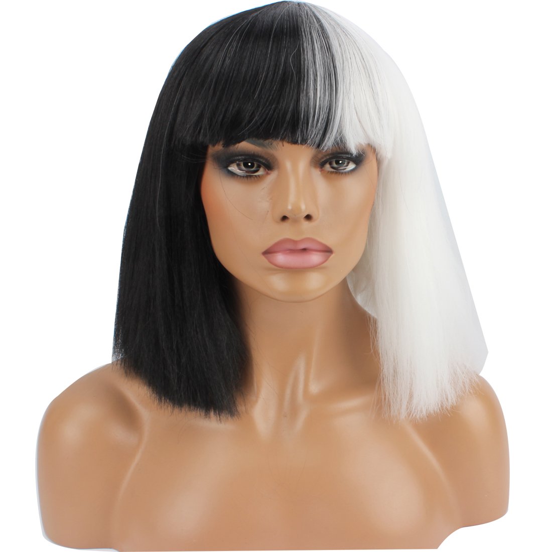 WeKen Halloween Wig Women Short Bob Kinky Straight Full Bangs Synthetic Black and White by WeKen