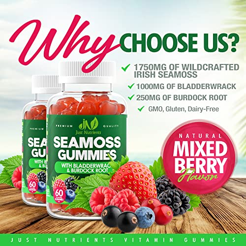 Sea Moss 3000mg Gummies with Bladderwrack and Burdock Root - Natural Irish Sea Moss for Immune, Thyroid and Detox Support - Extra Strength, Great Tasting - Gluten-Free, Vegan - 60 Gummies