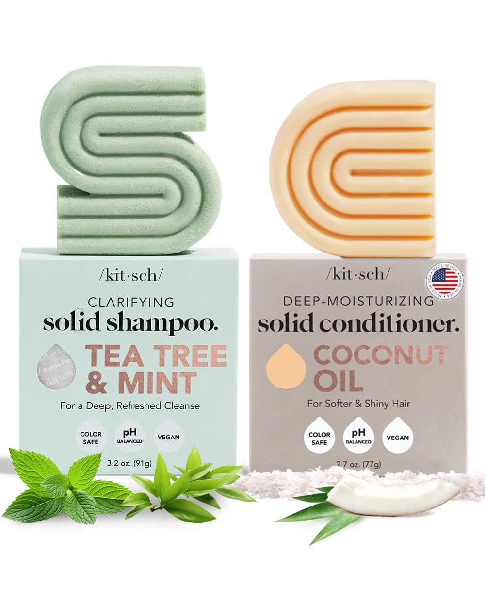 Kitsch Tea Tree Solid Shampoo & Coconut Oil Conditioner Bar, Shampoo and Conditioner Set for Clarifying Grease & Deep Moisturizing, Natural Organic, Paraben & Sulfate Free - 2 pack