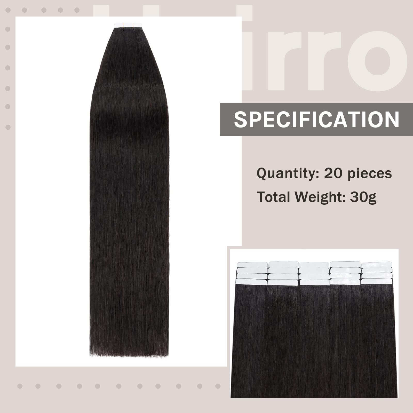 Hairro Tape in Hair Extensions 22 Inch Long Straight Human Hair #1B Natural Black 30g Thin Seamless Skin Weft Glue in Human Hairpieces 20pcs/pack for Women