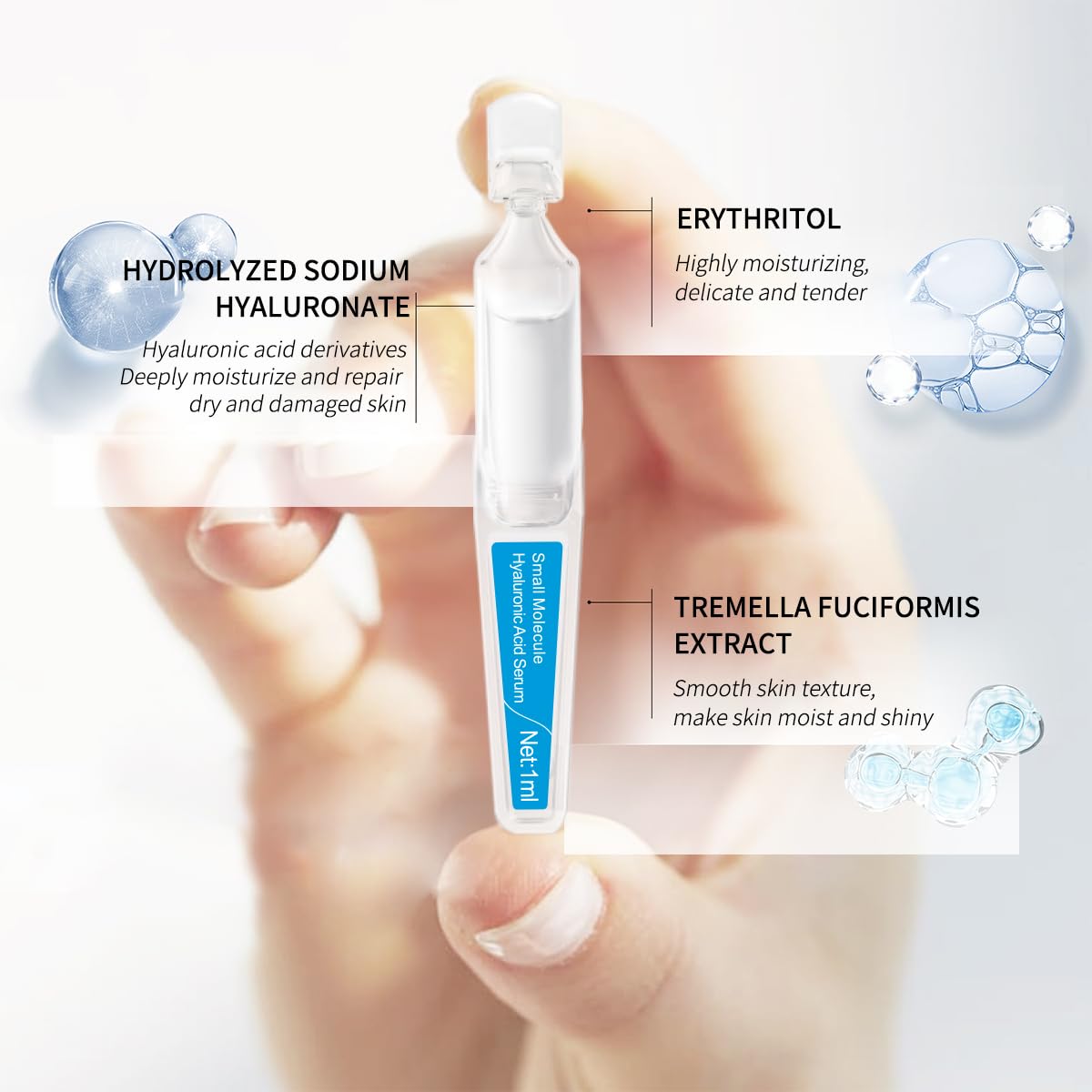 BACHERI Small Molecule Hyaluronic Acid Serum – Ultra-Lightweight Hydrating Facial Serum for All Skin Types, 1ml*15 Ampoules