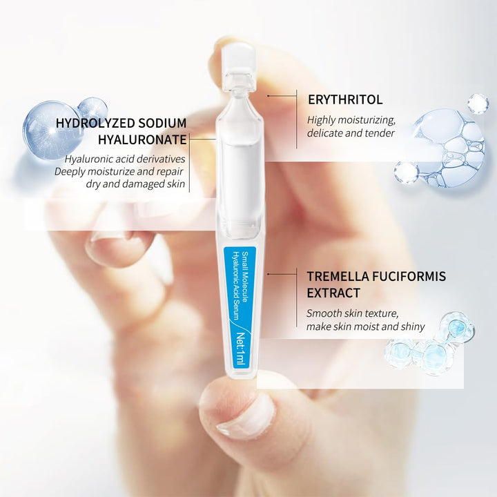 BACHERI Small Molecule Hyaluronic Acid Serum – Ultra-Lightweight Hydrating Facial Serum for All Skin Types, 1ml*15 Ampoules