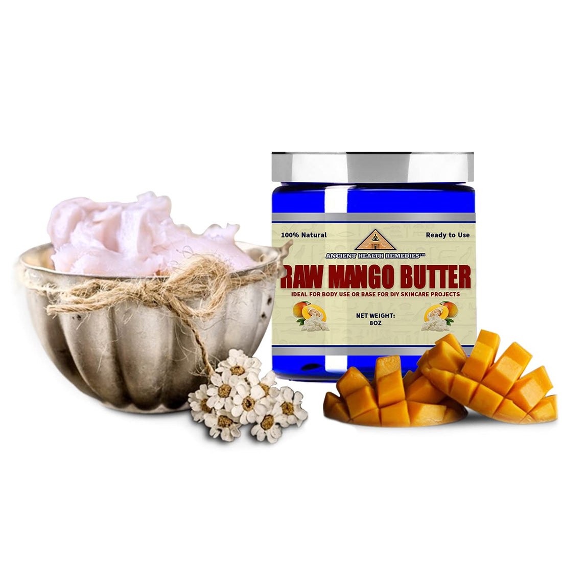 ANCIENT HEALTH REMEDIES Organic Unrefined Raw MANGO BUTTER JAR/BLOCKS Bulk, Light Mango Aroma, Non-Greasy Base for Beauty, Skin Moisturizing, DIY Base for Body Butter & Hand Creams (JAR, 7.9999)