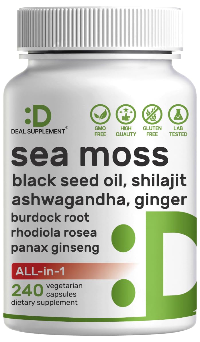 DEAL SUPPLEMENT Irish Sea Moss 7000mg Per Serving, 240 Veggie Capsules – 14 Superfood Complex – 3000mg Black Seed Oil, 2000mg Ashwagandha, 600mg Ginger