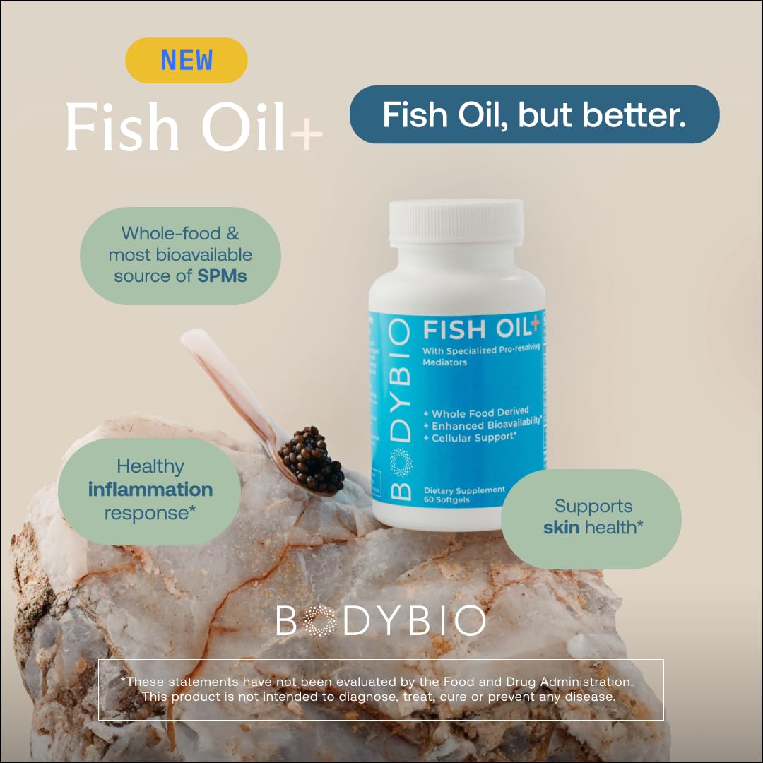 BodyBio Fish Oil+ with Specialized Pro-resolving Mediators - Support Healthy Inflammation Response - Herring Caviar Extract for Skin Health, Joint Comfort and Brain Health - 60 Softgels