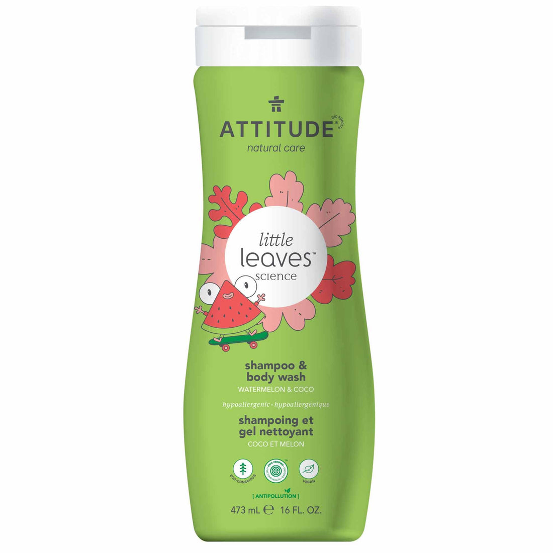 ATTITUDE Kids Shampoo and Body Wash, EWG Safe Hypoallergenic & Vegan, Perfect for Sensitive Skin, Watermelon & Coco, 16 Fl Oz