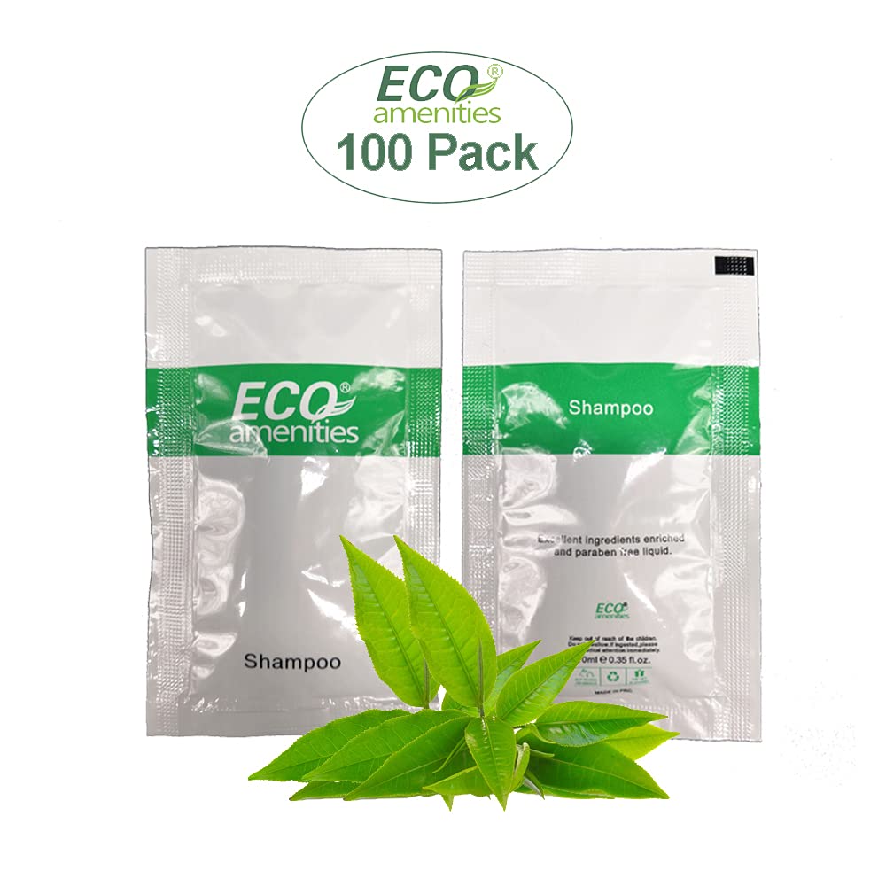 ECO amenities Hotel Mini Shampoo Sachets for Guests - Refreshing Green Tea Scented Toiletries for AirBnB & Rentals - 0.35 fl oz (10ml), 100 Pack