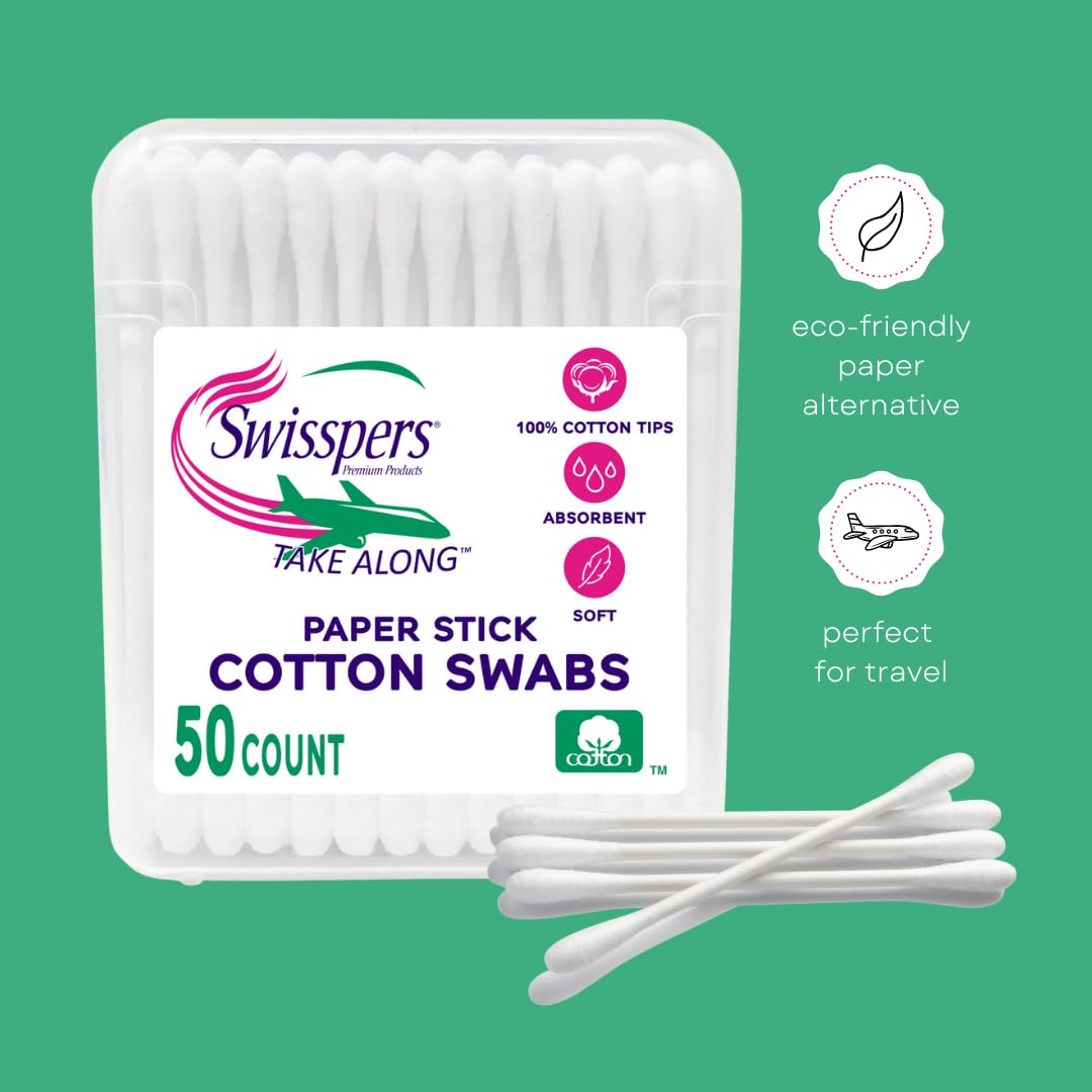 Swisspers Premium Take Along Cotton Swabs, White Paper Sticks, 50-Count (Pack of 6)