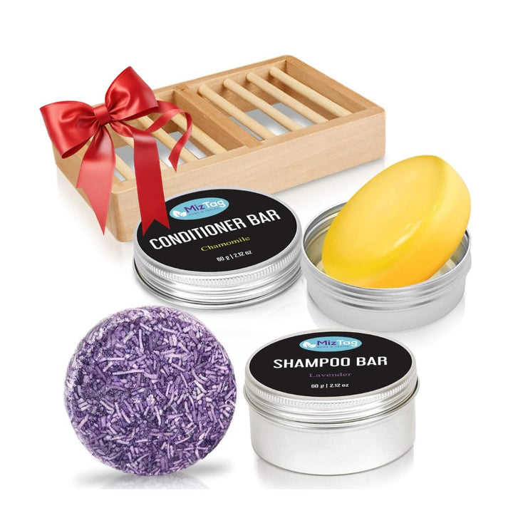 Miztag Home & Health Shampoo and Conditioner Bar Set - 5pcs with Holder & Travel Tins - Vegan, Sulfate-Free, Paraben-Free - Eco-Friendly Gift for Women
