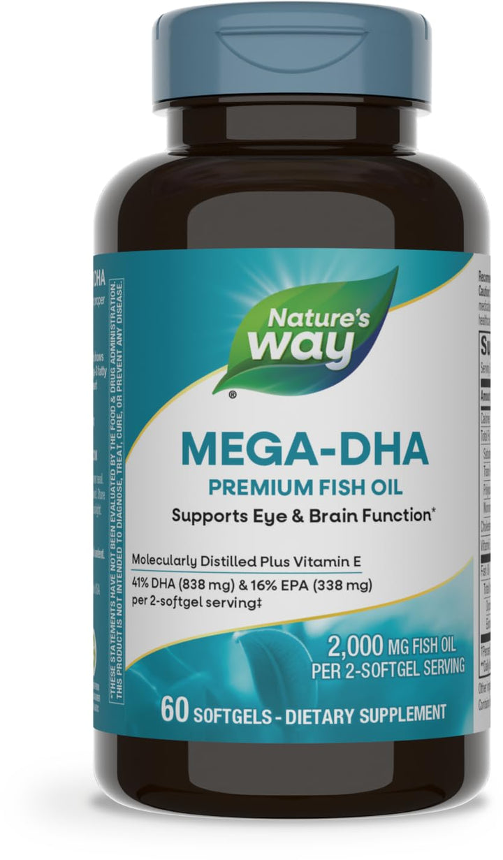 Nature's Way Mega-DHA Premium Fish Oil, Supports Eye and Brain Function*, Omega-3, 2,000 Fish Oil mg per 2-Softgel Serving, 60 Softgels (Packaging May Vary)
