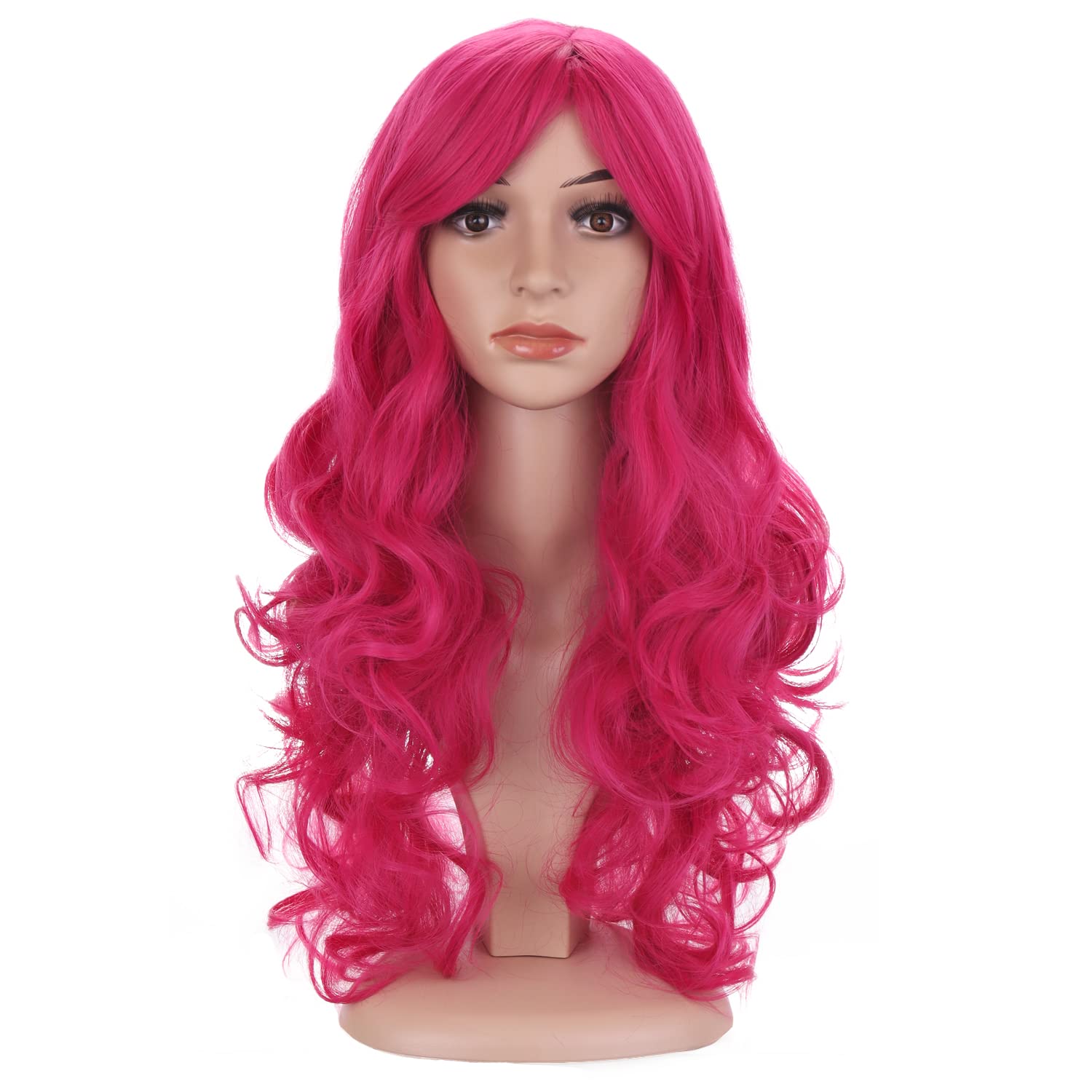 BERON 24 Stylish Long Curly Hot Pink Hair Wig Party Perruque (Hot Pink)
