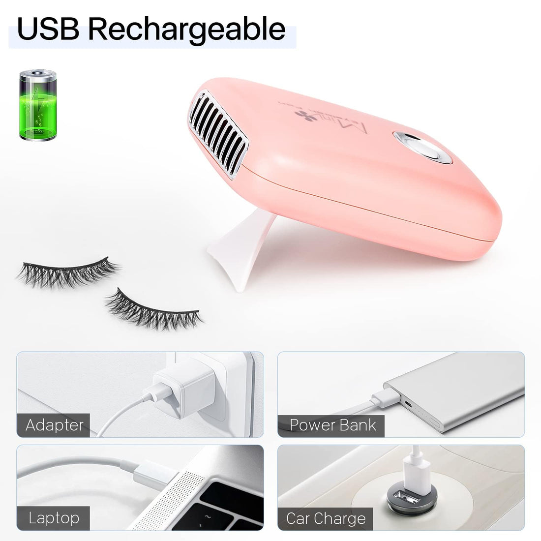 Buqikma Eyelashes Rechargeable Fan, Mini Lash Fan Eyelash Extensions Portable USB Handheld Fan Dryer Air Conditioning Blower for Eyelash Extension Supplies (Pink)