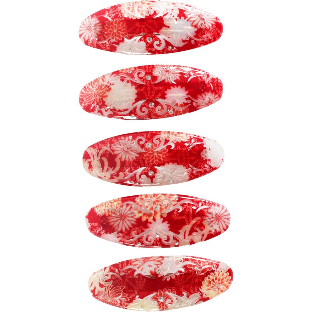 Cocoluck Red: Japanese Oval Chirimen Barette Hair Clip/Clasp With Rhinestones (Red)