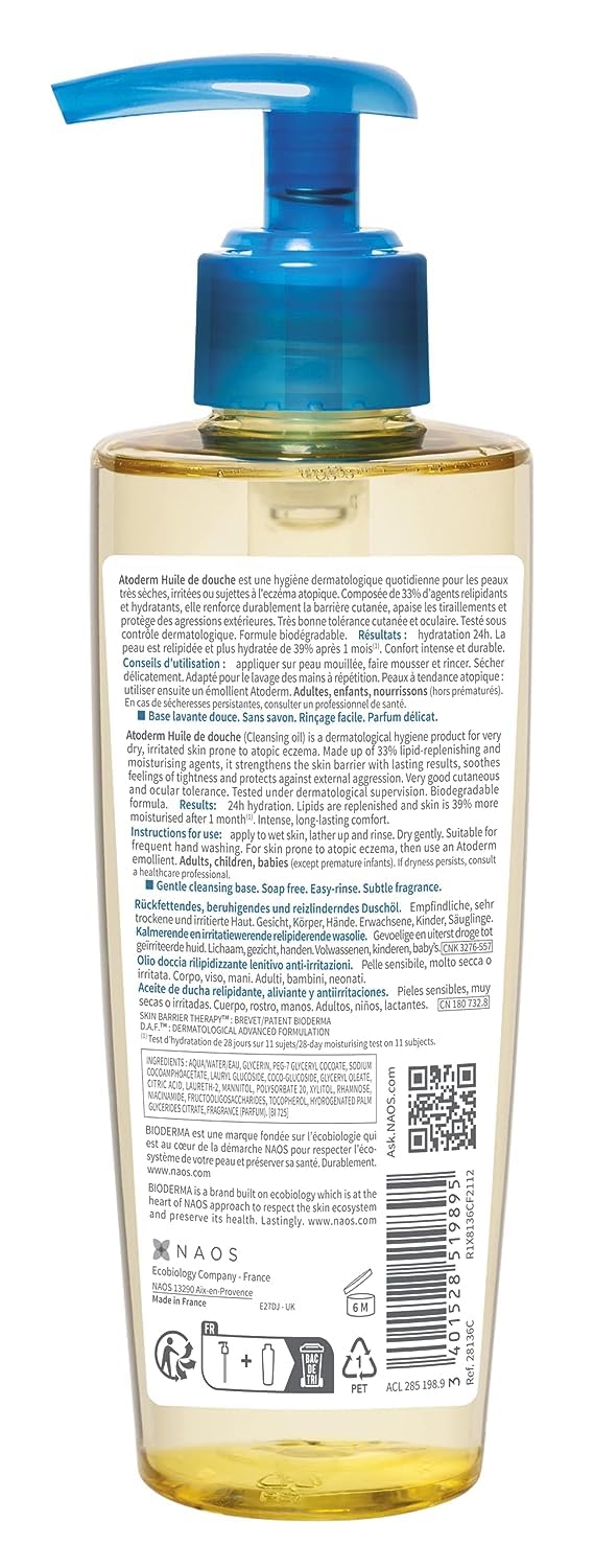 Bioderma - Atoderm - Cleansing Oil For Very Dry Sensitive Skin - Face and Body - Soothes Discomfort - 6.7 Fl Oz (Pack of 1)