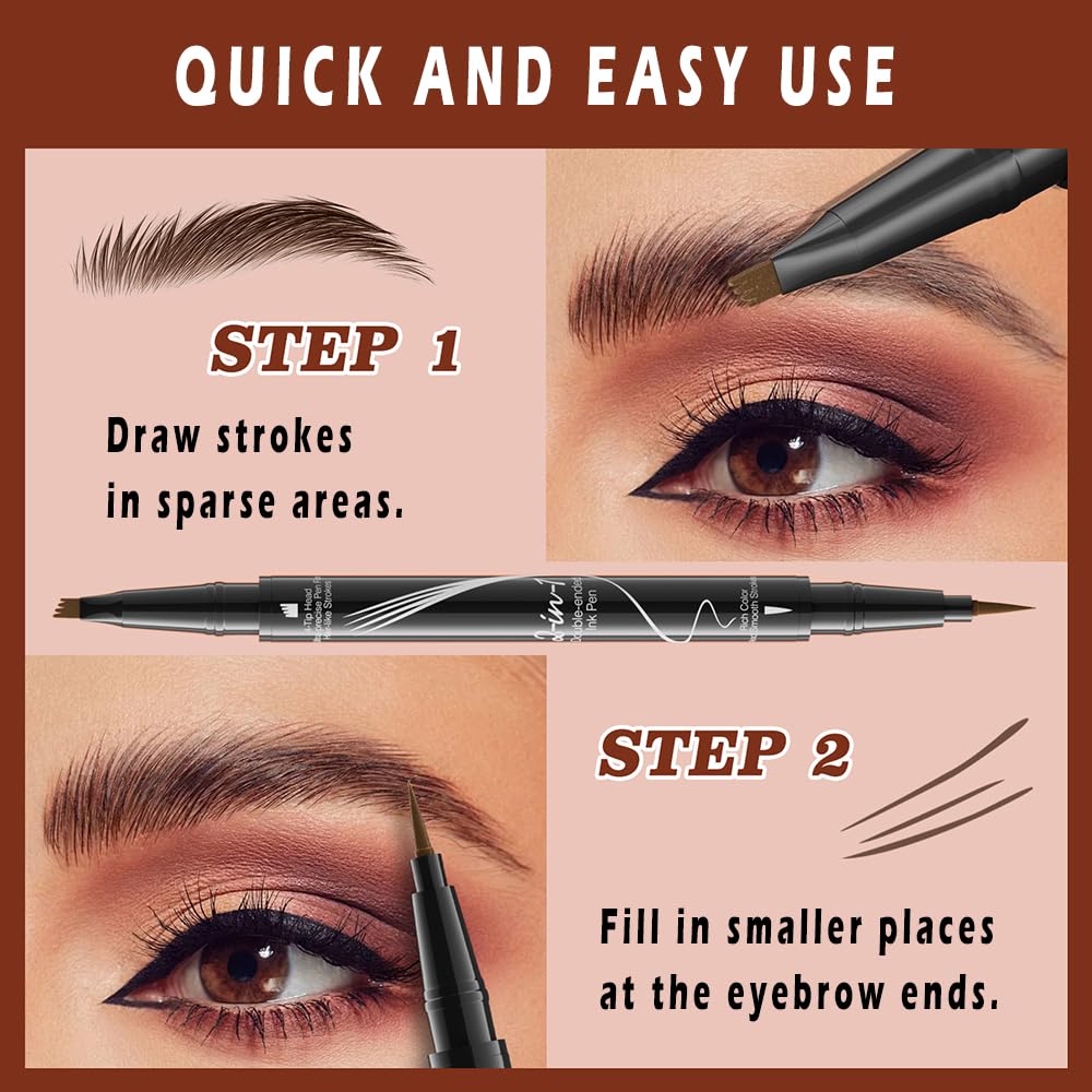 Easy Fill Hair-like Eyebrow Pen, Dual-ended Microfilling with Fork-Tips and Precise Tip, Liquid Brow Makeup by “Linble” (#3 Gray)