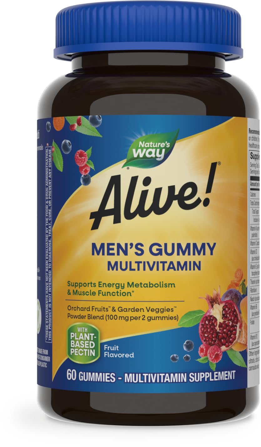 Nature's Way Alive! Men's Daily Gummy Multivitamin, Supports Energy Metabolism*, Muscle Function*, B-Vitamins, Superfood Antioxidants, Gluten-Free, Vegetarian, Fruit Flavored, 60 Gummies