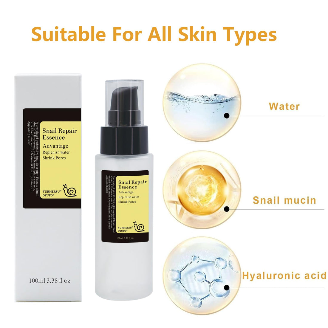 Snail Mucin Essence, With 96.3% Snail Secretion Filtrate, Power Repairing Serum for Fine Lines & Dull Skin & Acne, Replenish Water Shrink Pores, Lifting Firming; 3.38 fl.oz; JH-WN