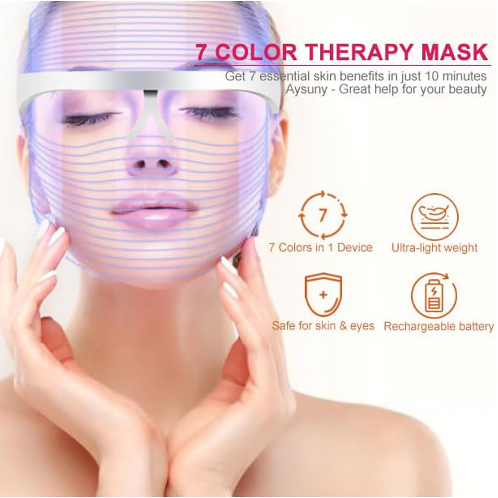 AYSUNY LED Face Mask Light Therapy, Ultra-Light upgraded Red Light Therapy for Face, 7-1 Colors L E D Facial Skin Care Mask, 7 colors Portable Rechargeable Skin Treatment Mask