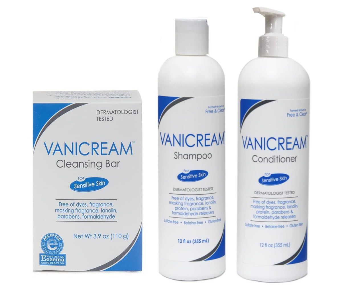 Vanicream Shampoo and Conditioner Set with Cleansing Bar for Sensitive Skin – 12oz Shampoo and Conditioner, 3.9oz Cleansing Bar