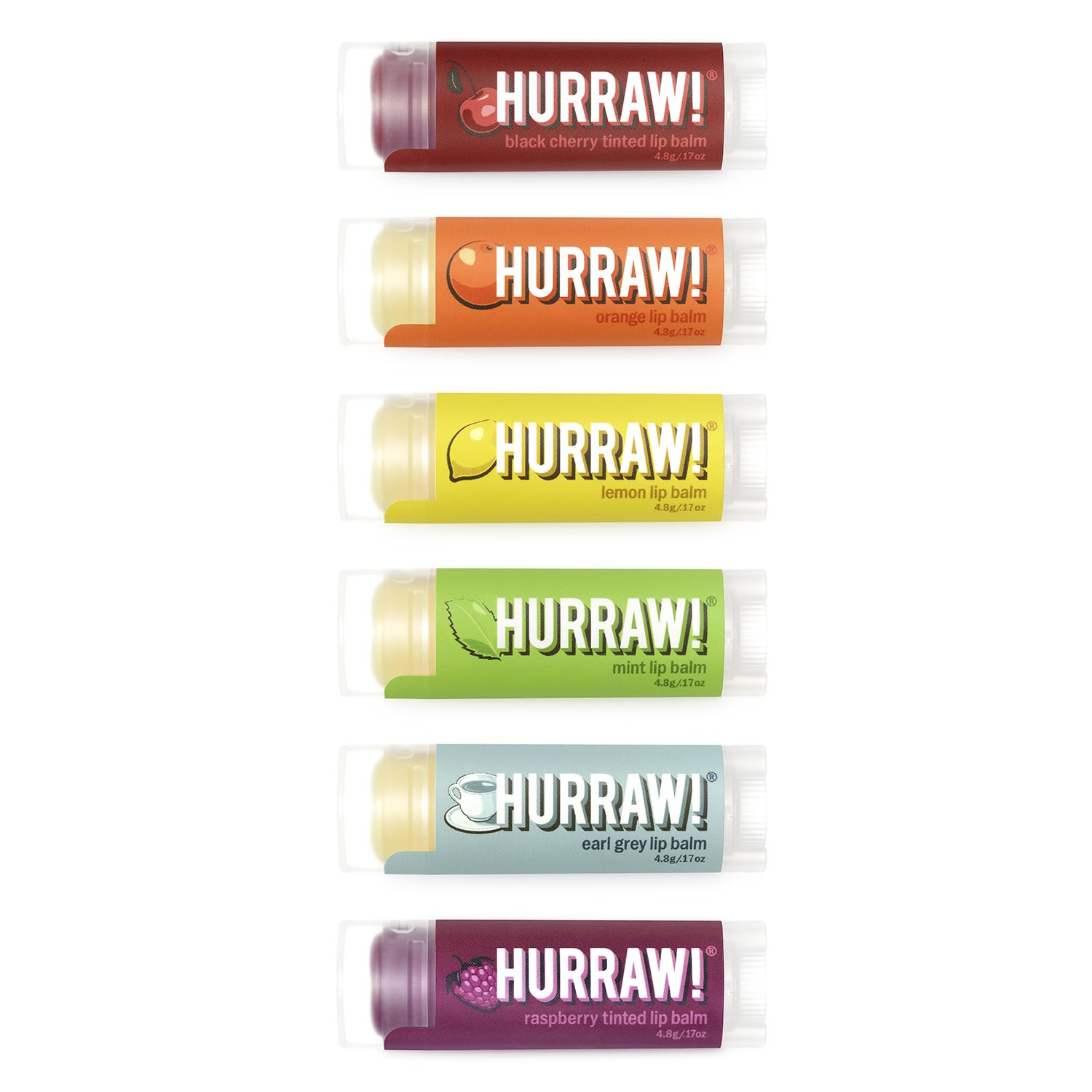 Hurraw! Lip Balms Staff Favorites, 6 Balm Bundle Pack: Black Cherry Tinted (Sheer Red Tint), Orange, Lemon, Mint, Earl Grey, Raspberry Tinted (Sheer Berry Tint) - Organic, Certified Vegan and All-Natu