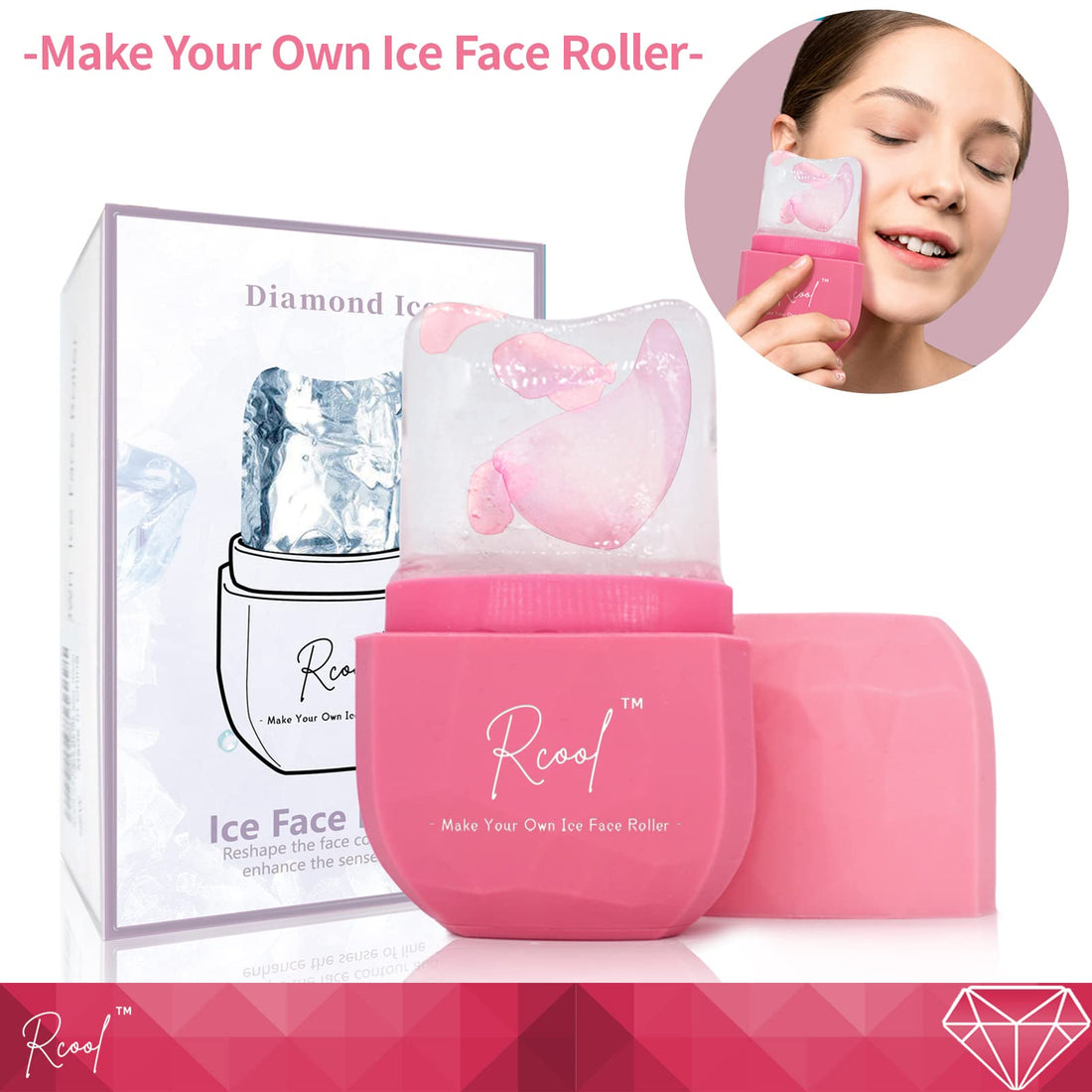 Ice Roller For Face Eyes and Neck,Rcool Revolutionary Diamond Ice Face Roller To Brighten Skin & Enhance Your Natural Glow/De-puff Eye Bags Shrink Pores and Lubricate the Skin.(Pink)