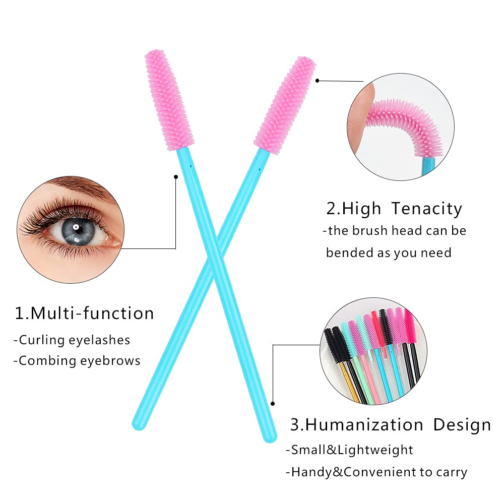 100 Pcs Silicone Mascara Wands Disposable Eyelash Brushes for Extensions Lash Applicators Makeup Tool Kit, Blue/Pink