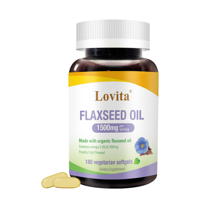 Lovita Organic Cold-Pressed Flaxseed Oil : 1500mg with 900mg ALA Omega-3. Vegan. 180 Softgels