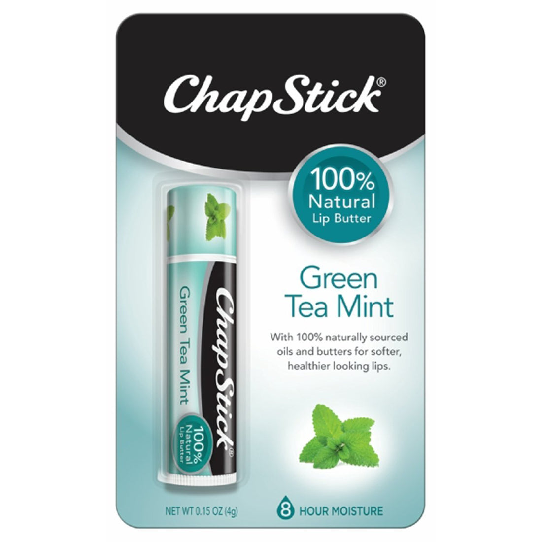 ChapStick 100% Natural (Green Tea Mint Flavor, 1 Blister Pack of 1 Stick) Lip Butter Tube, Flavored Lip Balm, 8-Hour Moisture, 0.15 Ounce