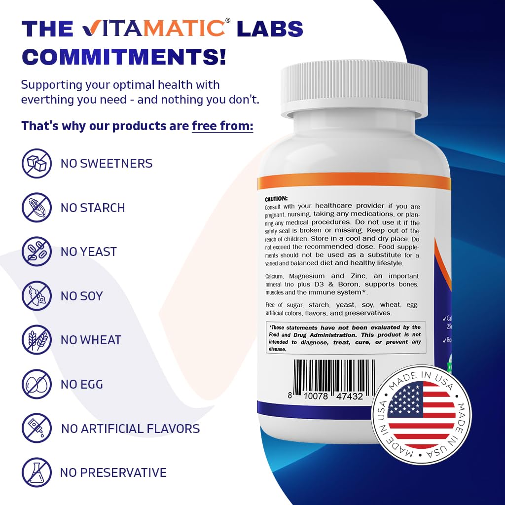 Vitamatic Calcium Magnesium Zinc D3 Boron | 365 Coated Tablets Supplement | Calcium 1200 mg, Magnesium 420mg, Zinc 25mg, Vitamin D3 1000 IU, Boron 1 mg | Non-GMO | Gluten Free | Made in USA