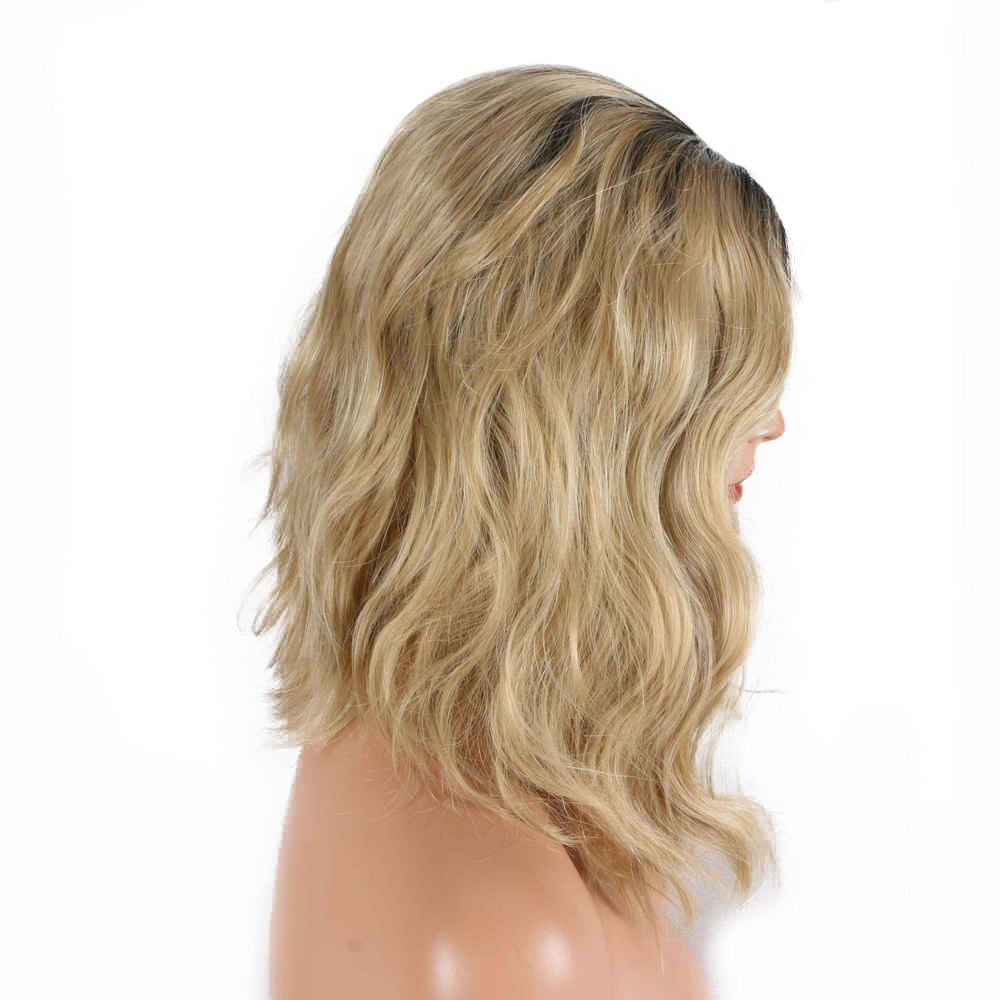 Blonde Short Bob Wigs Ombre Dark Roots Two Tone Heat Resistant Synthetic Lace Front Wigs For Drag Queen Natural Wave Middle Part Women Girls Replacement Short Hair Shoulder Length 14inches