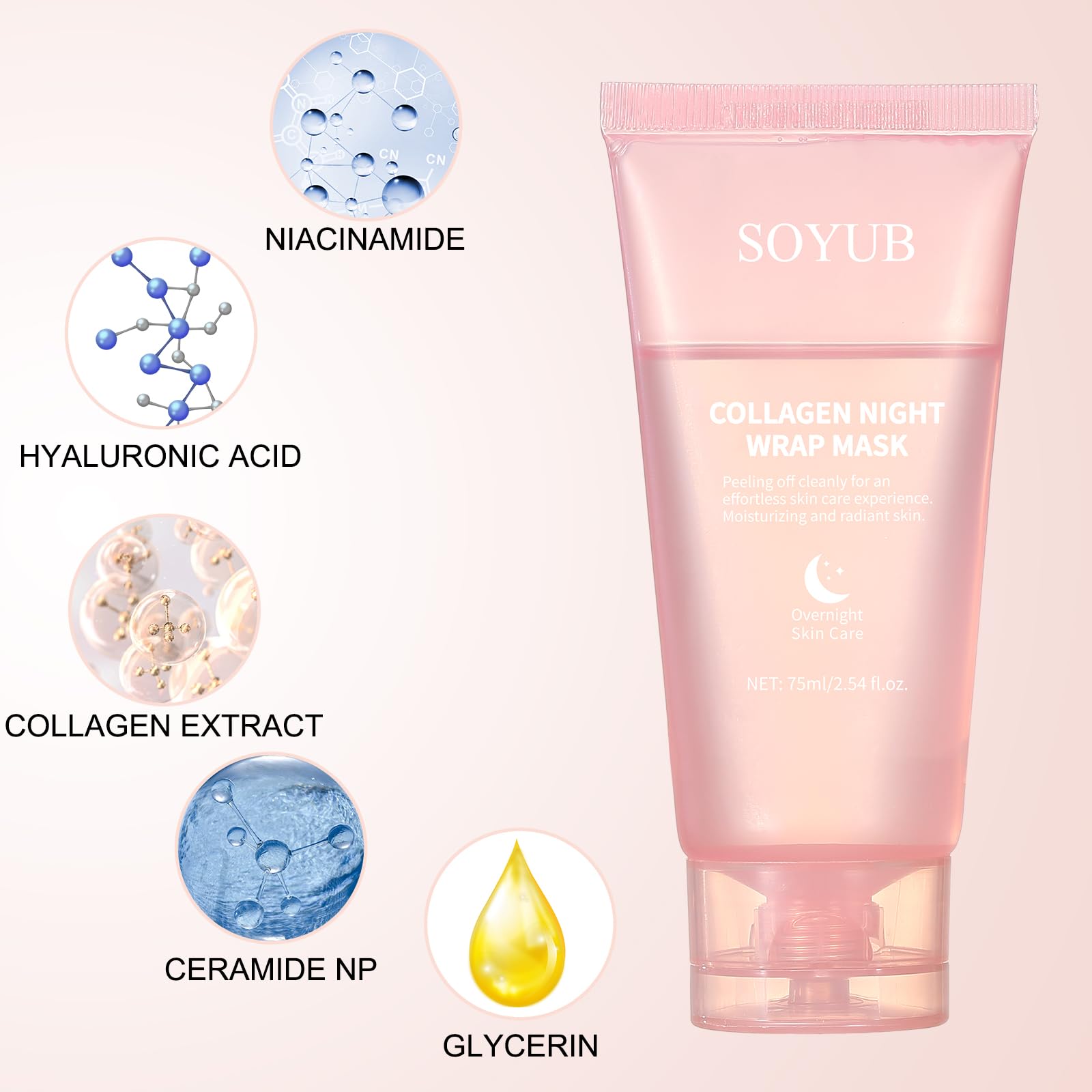 Collagen Night Wrapping Mask with Jelly Brush, Collagen Peel Off Facial Mask, Elasticity & Hydration, Natural Ingredients for Firmer Skin, Reduces Sagging & Dullness, Korean Skin Care