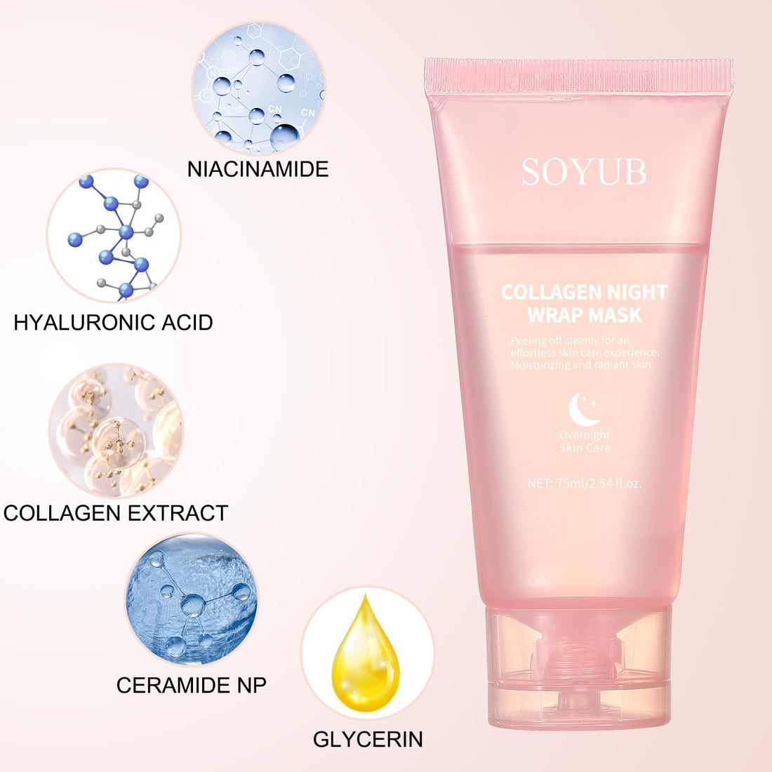 Collagen Night Wrapping Mask with Jelly Brush, Collagen Peel Off Facial Mask, Elasticity & Hydration, Natural Ingredients for Firmer Skin, Reduces Sagging & Dullness, Korean Skin Care