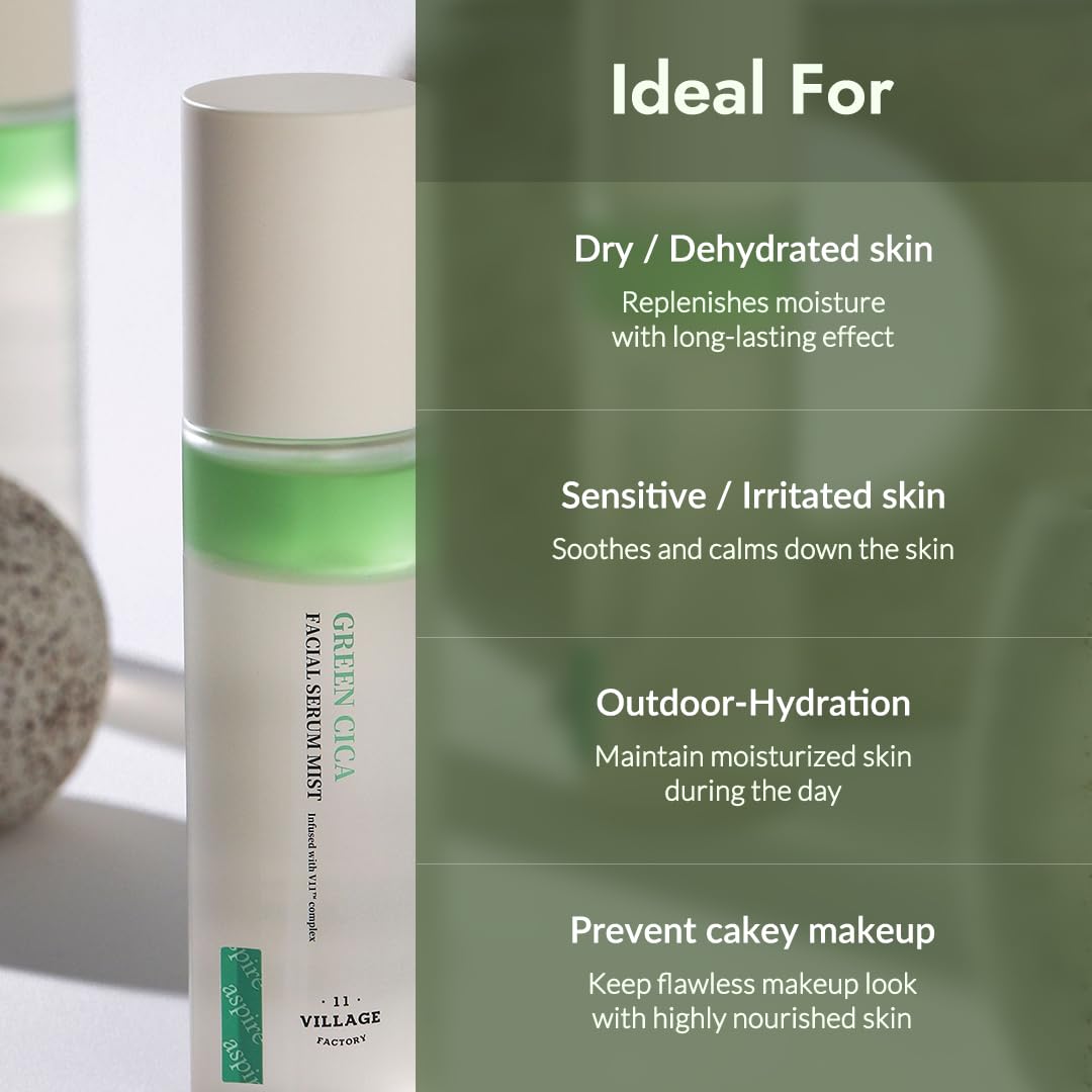 VILLAGE11FACTORY Fresh Dewy Green Cica Facial Serum Mist Korean Face Spray for Deep Hydration Skincare on the Go 3.38 oz