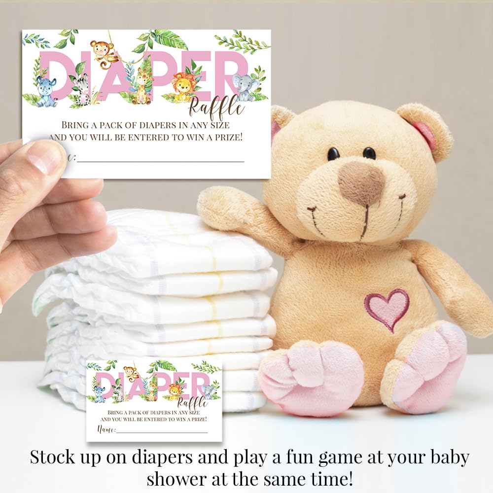 Watercolor Jungle Animals Diaper Raffle Tickets for Girl Baby Showers, 20 2 X 3” Double Sided Insert Cards for Games by AmandaCreation, Bring a Pack of Diapers to Win Favors & Prizes!