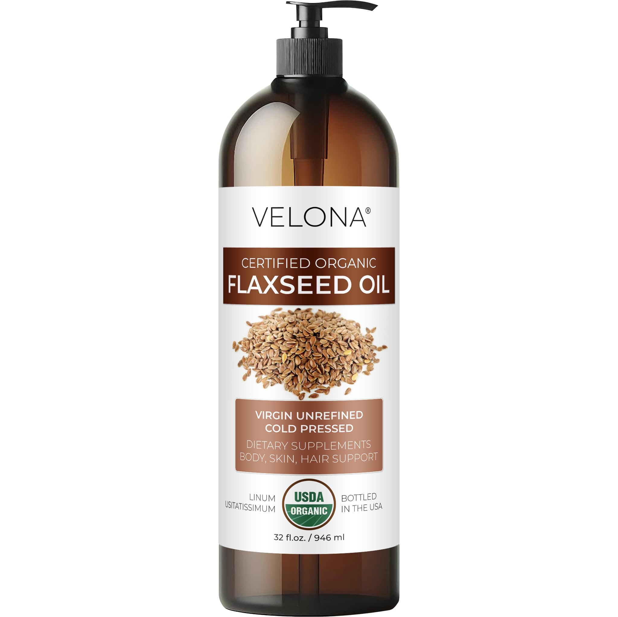 velona USDA Certified Organic Flaxseed Oil - 32 fl oz | 100% Pure and Natural Carrier Oil | Unrefined, Cold Pressed | Hair Growth, Body, Face & Skin Care | Use Today - Enjoy Results…