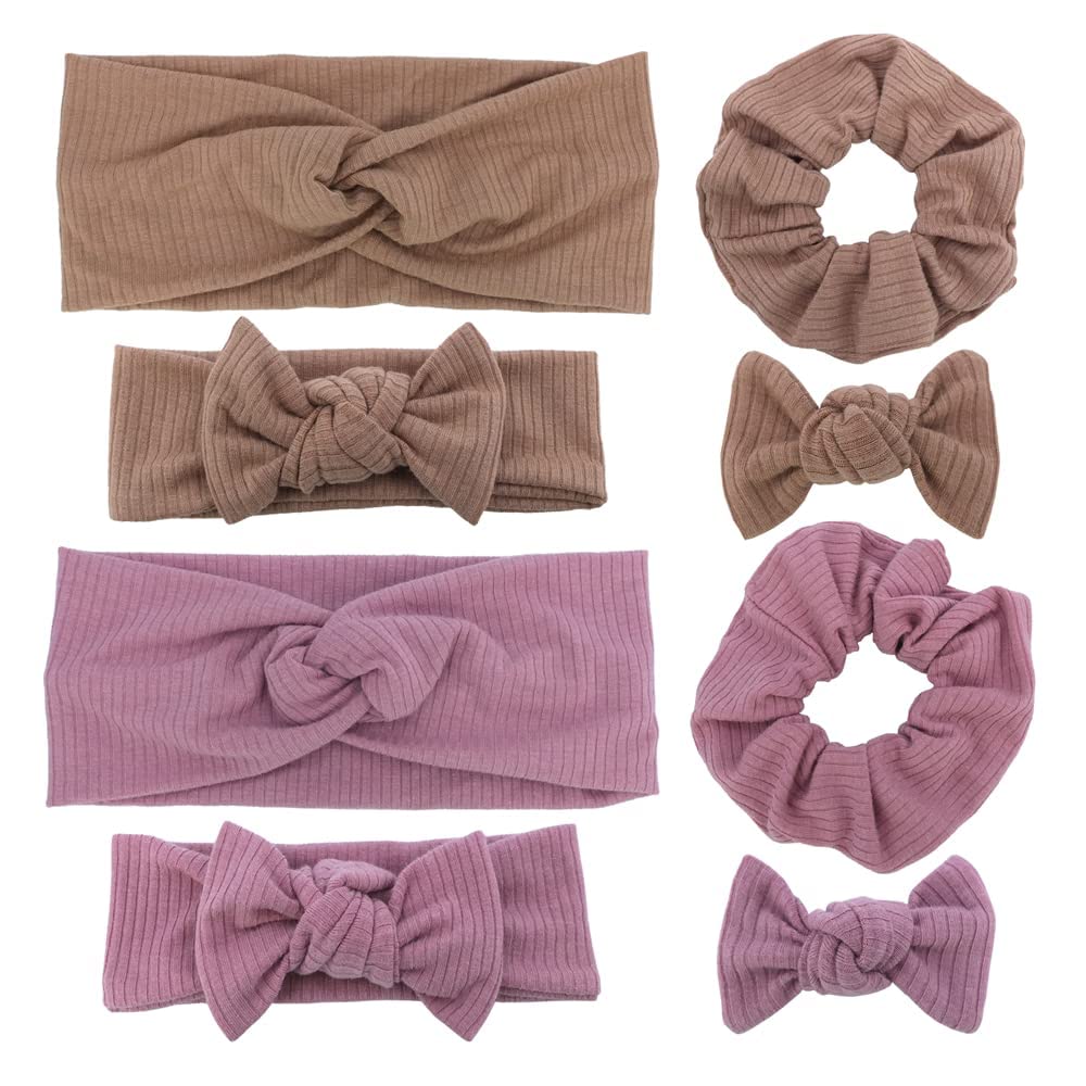 Mommy and Me Headband Set Mother Baby Matching Turban Headbands for Toddler Baby Girls Women Scrunchies Hair Bow Hairbands (Mauve and Latte)