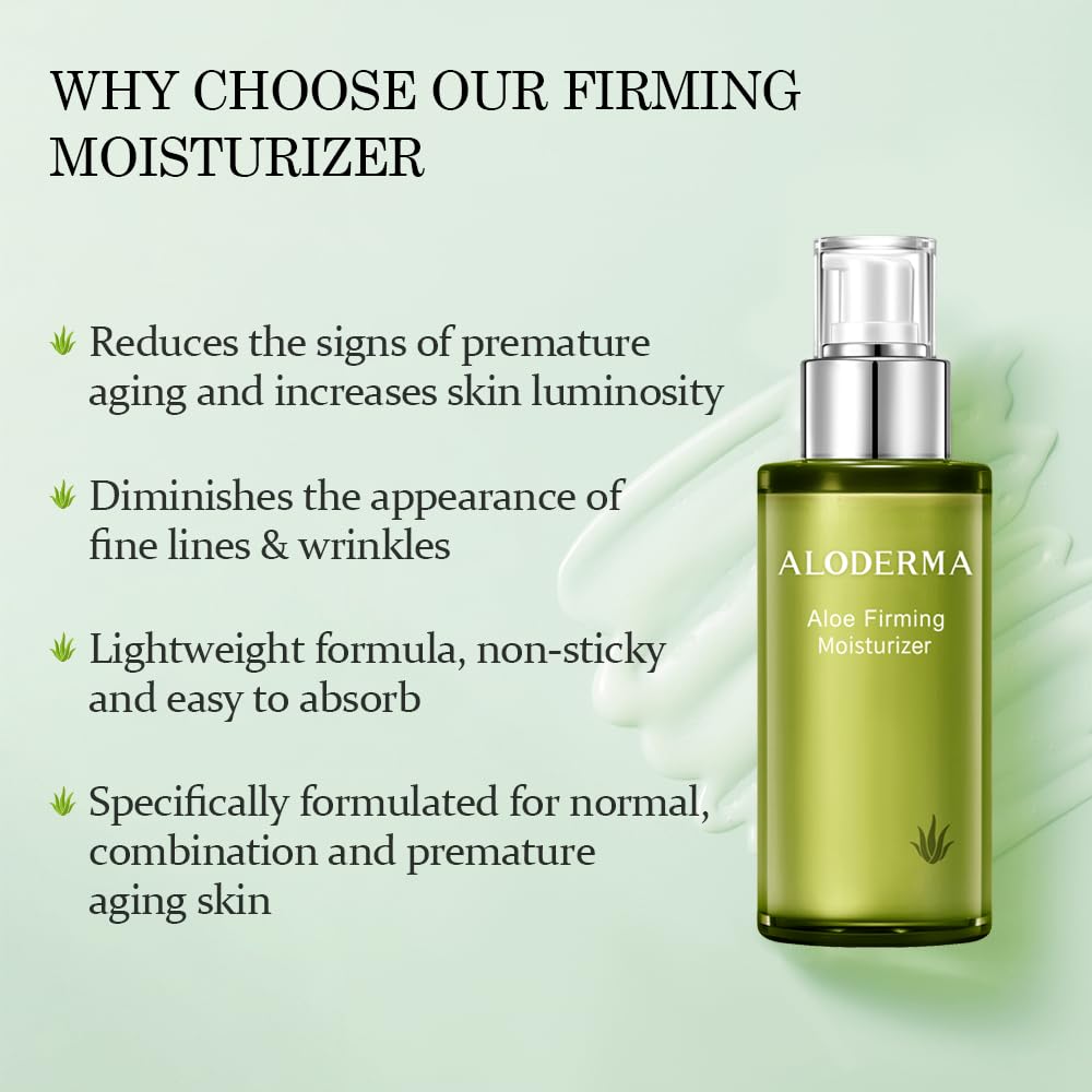Aloderma Aloe Vera Firming Facial Moisturizer with 72% Organic Ingredients - Nourishing & Replenishing - Natural Face Lotion for Aging Skin - Smooths the Appearance of Fine Lines & Wrinkles, 3.5oz