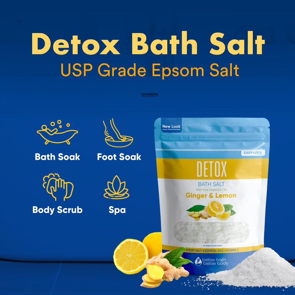 Detox Bath Salt 2 Pounds (32 Ounces) - Epsom Salt Bath Soak With Ginger & Lemon Essential Oil Plus Vitamin C - All Natural No Perfumes No Dyes - Detoxify & Revitalize Your Body & Mind Naturally